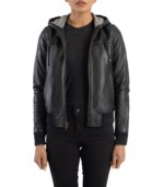 Rebella Black Hooded Leather Bomber Jacket - Image 2