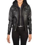 Roslyn Black Hooded Leather Bomber Jacket - Image 2