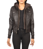Roslyn Brown Hooded Leather Bomber Jacket - Image 2