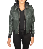 Roslyn Green Hooded Leather Bomber Jacket - Image 2