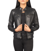 Women's Black Leather Bomber Jacket – Yrsa - Image 2