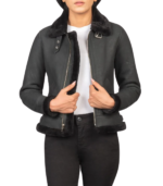 Women's B-3 Distressed Black Shearling Leather Bomber Jacket – Astrid - Image 2