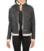 Fiona Black Hooded Shearling Leather Jacket - Image 5