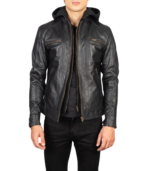 Hector Black Hooded Leather Biker Jacket - Image 2