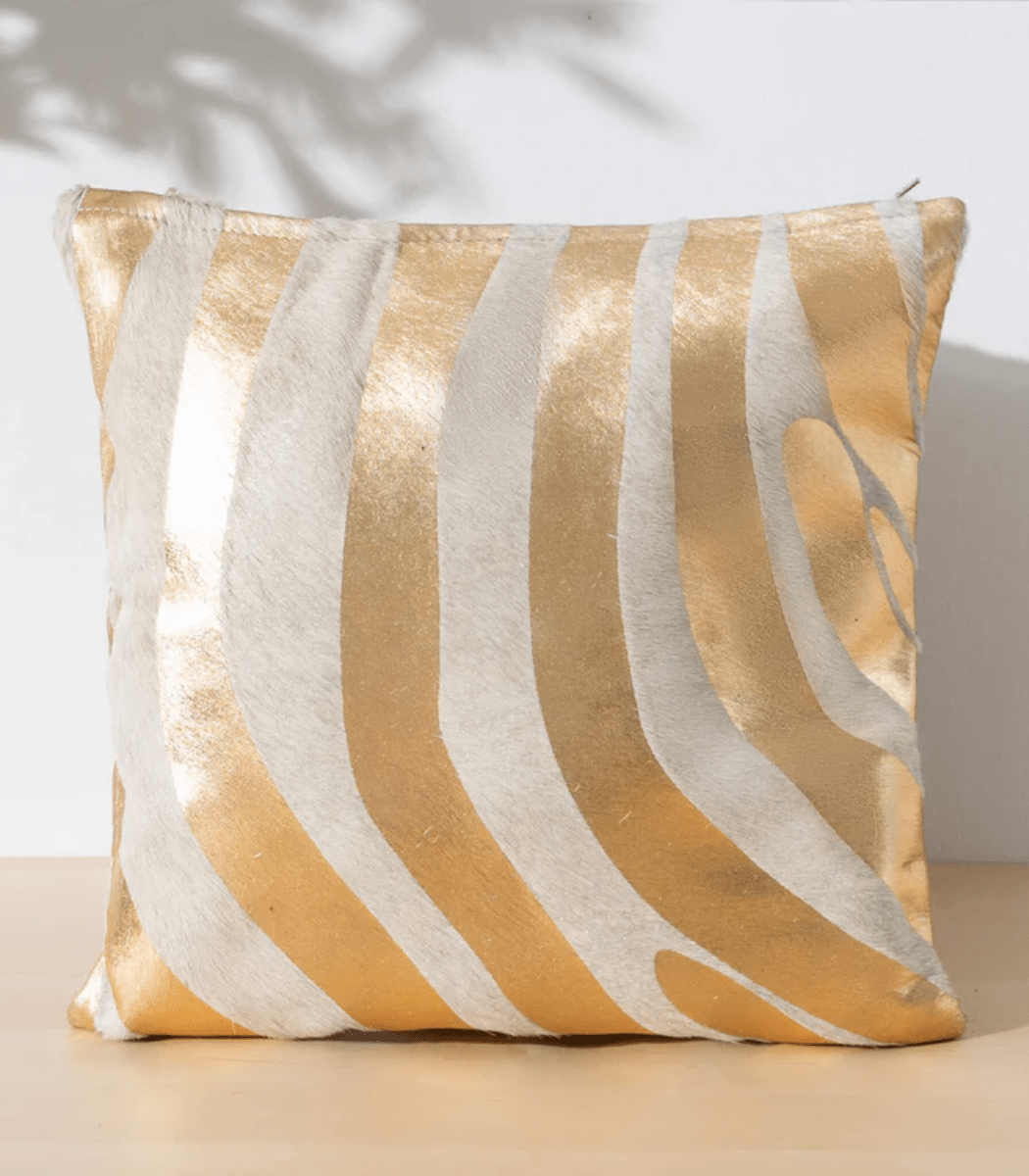 2 Zebra Gold Cowhide Pillow - Image 1