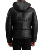 Gordon Black Hooded Leather Puffer Jacket - Image 2