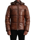 Gordon Waxed Brown Hooded Leather Puffer Jacket - Image 2