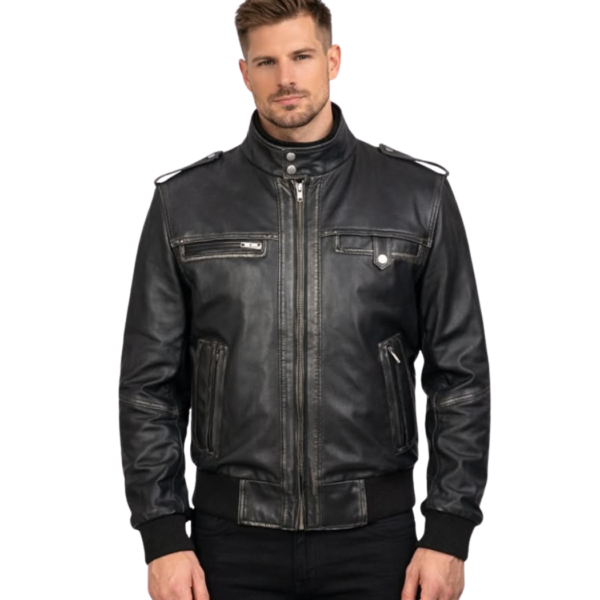 Men's Black Leather Bomber Jacket - Halvor