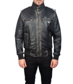 Glen Street Black Leather Bomber Jacket - Image 2