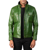 Darren Distressed Green Leather Biker Jacket - Image 3