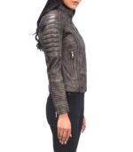 Adalyn Quilted Distressed Brown Leather Biker Jacket - Image 3