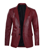 Plush Polyester Lining Maroon Leather Blazer - Image 3