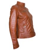 Women Classic Motorcycle Brown Leather Jacket - Image 3