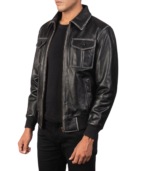 Aaron Black Leather Bomber Jacket - Image 3