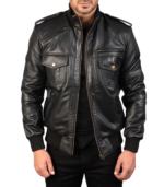 Agent Shadow Black Leather Bomber Jacket - Image 3