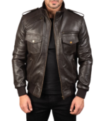 Agent Shadow Brown Leather Bomber Jacket - Image 3