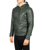 Baston Green Hooded Leather Bomber Jacket - Image 3