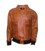 Distressed Bomber Brown Leather Jacket - Image 3