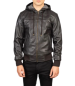 Nintenzo Brown Hooded Leather Bomber Jacket - Image 3