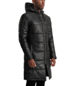 Floyd Black Hooded Leather Puffer Coat - Image 3
