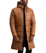 Floyd Tan Hooded Leather Puffer Coat - Image 3