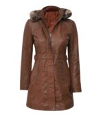 Womens Zipper Button Brown Leather Long Coat - Image 3