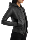 Luna Black Hooded Leather Bomber Jacket - Image 3