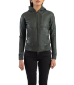 Luna Green Hooded Leather Bomber Jacket - Image 3
