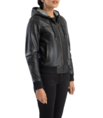 Rebella Black Hooded Leather Bomber Jacket - Image 3