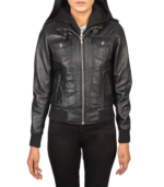 Roslyn Black Hooded Leather Bomber Jacket - Image 3