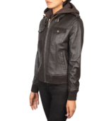 Roslyn Brown Hooded Leather Bomber Jacket - Image 3