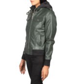 Roslyn Green Hooded Leather Bomber Jacket - Image 3