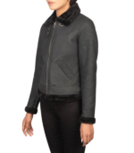 Women's B-3 Distressed Black Shearling Leather Bomber Jacket – Astrid - Image 3