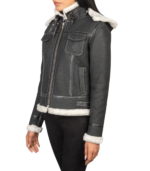 Fiona Black Hooded Shearling Leather Jacket - Image 6