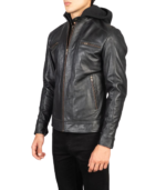 Hector Black Hooded Leather Biker Jacket - Image 3