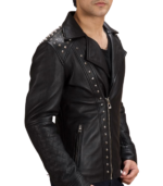 Black Studded Leather Biker Jacket - Image 3