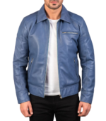 Lavendard Blue Leather Biker Jacket - Image 3