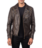 Men's Brown Leather Biker Jacket - Ludvig - Image 3