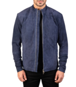 Charcoal Navy Blue Suede Biker Jacket - Image 3