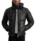 Gordon Black Hooded Leather Puffer Jacket - Image 3