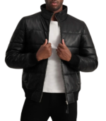 Lucas Black Leather Puffer Bomber Jacket - Image 3