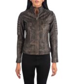 Adalyn Quilted Distressed Brown Leather Biker Jacket - Image 4