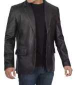 Mens 2 Button Closure Black Leather Blazer - Image 4