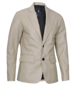 Mens Sports Beige Leather Blazer - Two Button - Image 4