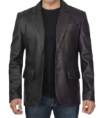 Mens Two Button Black Leather Blazer Jacket - Image 3