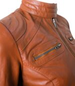 Women Classic Motorcycle Brown Leather Jacket - Image 5