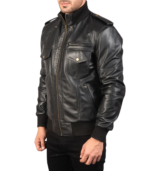 Agent Shadow Black Leather Bomber Jacket - Image 4