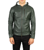 Baston Green Hooded Leather Bomber Jacket - Image 4