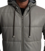 Men's Grey Hooded Leather Puffer Coat – Torger - Image 4