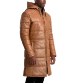 Floyd Tan Hooded Leather Puffer Coat - Image 4